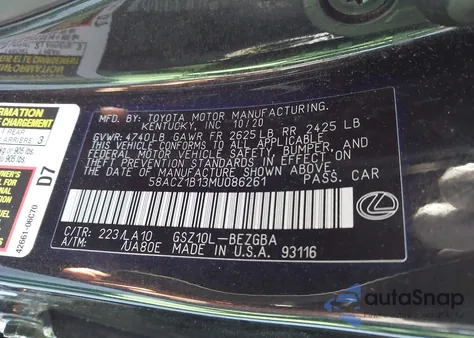 2021 Lexus Es 350 Base z USA, uszkodzony, nr VIN 58ACZ1B13MU086261
